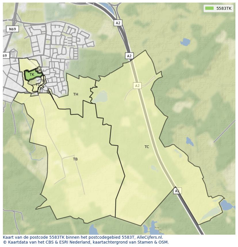 Afbeelding van het postcodegebied 5583 TK op de kaart.