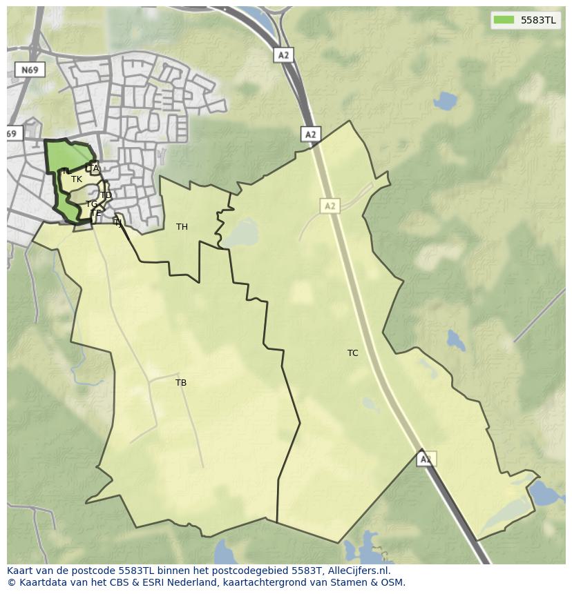 Afbeelding van het postcodegebied 5583 TL op de kaart.
