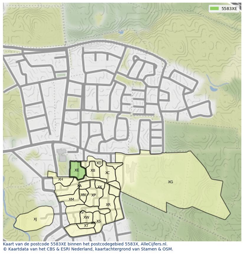 Afbeelding van het postcodegebied 5583 XE op de kaart.