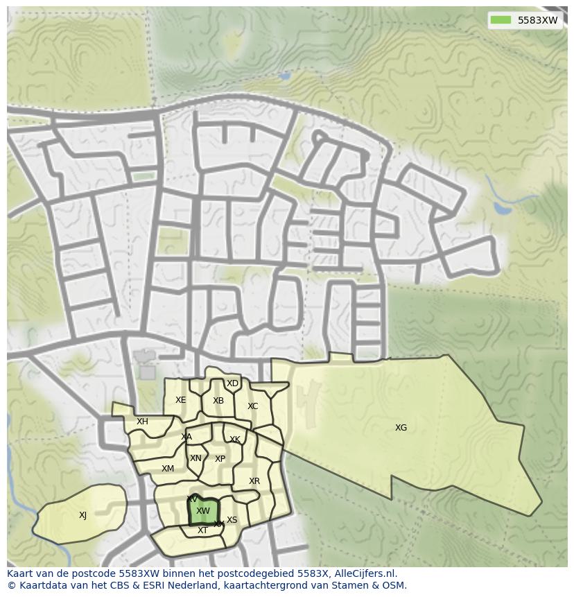 Afbeelding van het postcodegebied 5583 XW op de kaart.