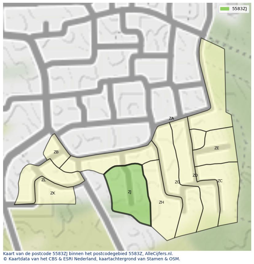 Afbeelding van het postcodegebied 5583 ZJ op de kaart.