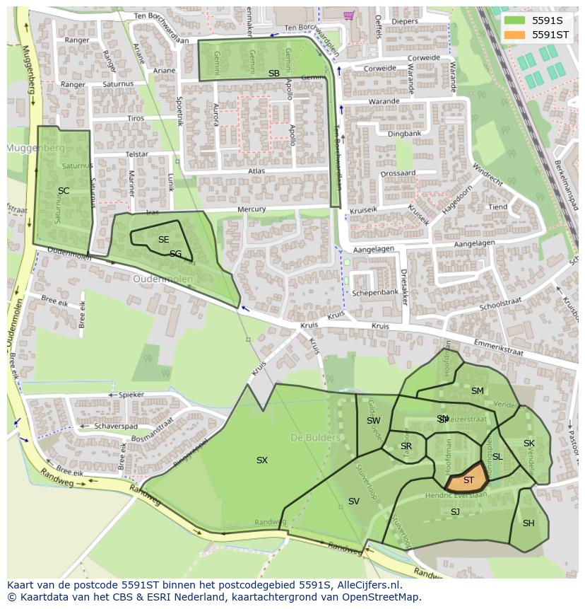 Afbeelding van het postcodegebied 5591 ST op de kaart.