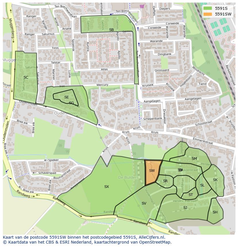 Afbeelding van het postcodegebied 5591 SW op de kaart.