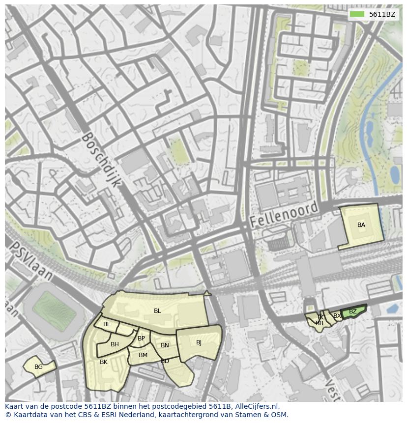 Afbeelding van het postcodegebied 5611 BZ op de kaart.