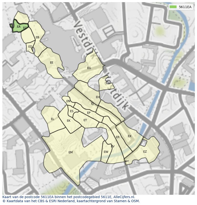 Afbeelding van het postcodegebied 5611 EA op de kaart.