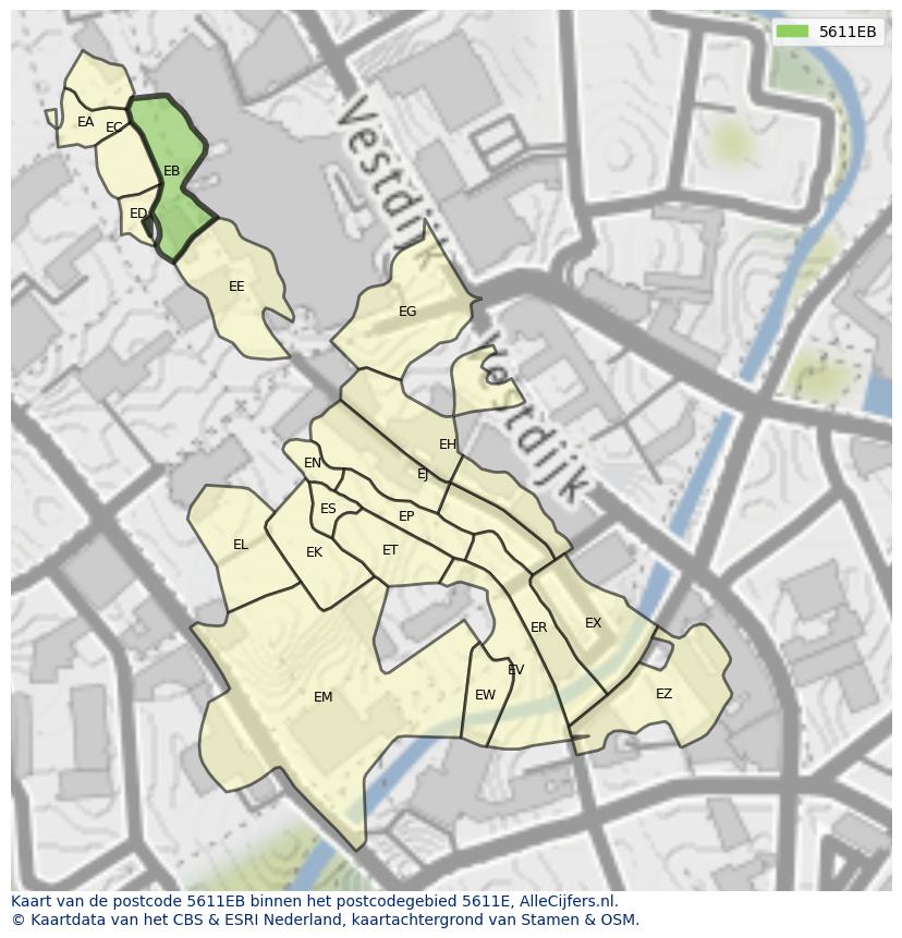 Afbeelding van het postcodegebied 5611 EB op de kaart.