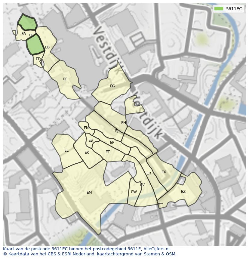 Afbeelding van het postcodegebied 5611 EC op de kaart.