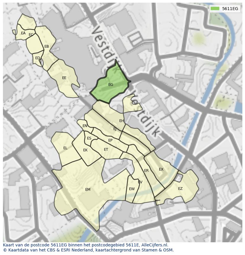 Afbeelding van het postcodegebied 5611 EG op de kaart.