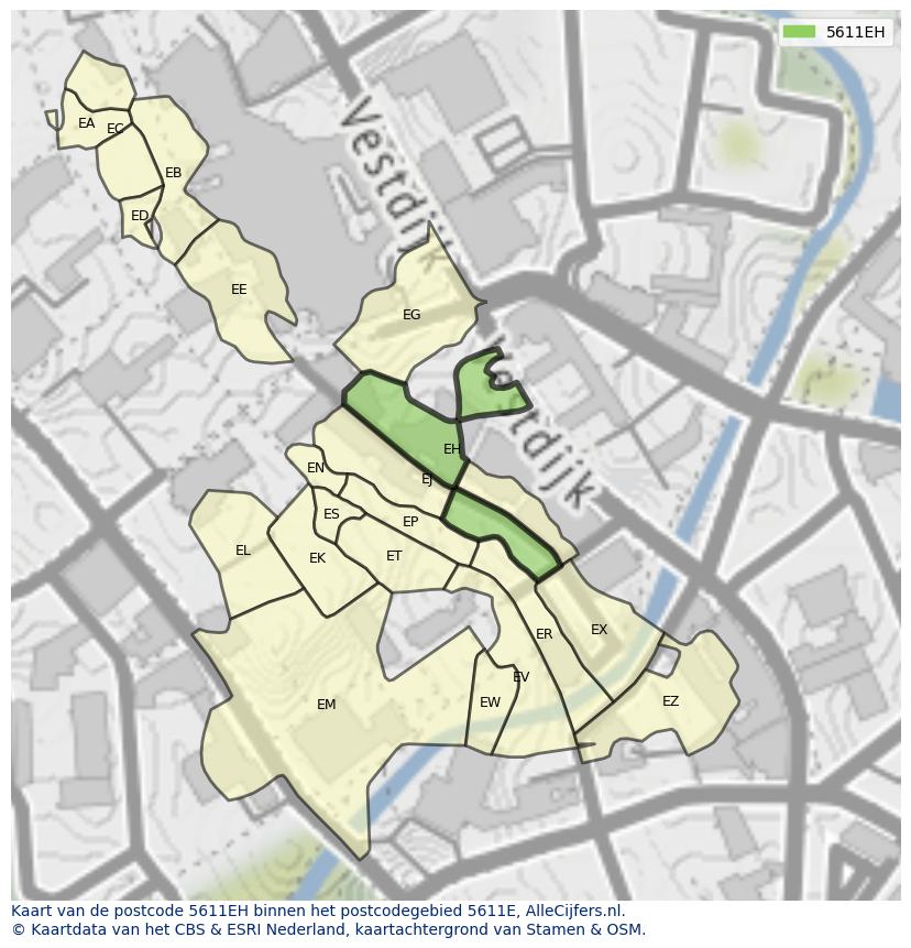 Afbeelding van het postcodegebied 5611 EH op de kaart.