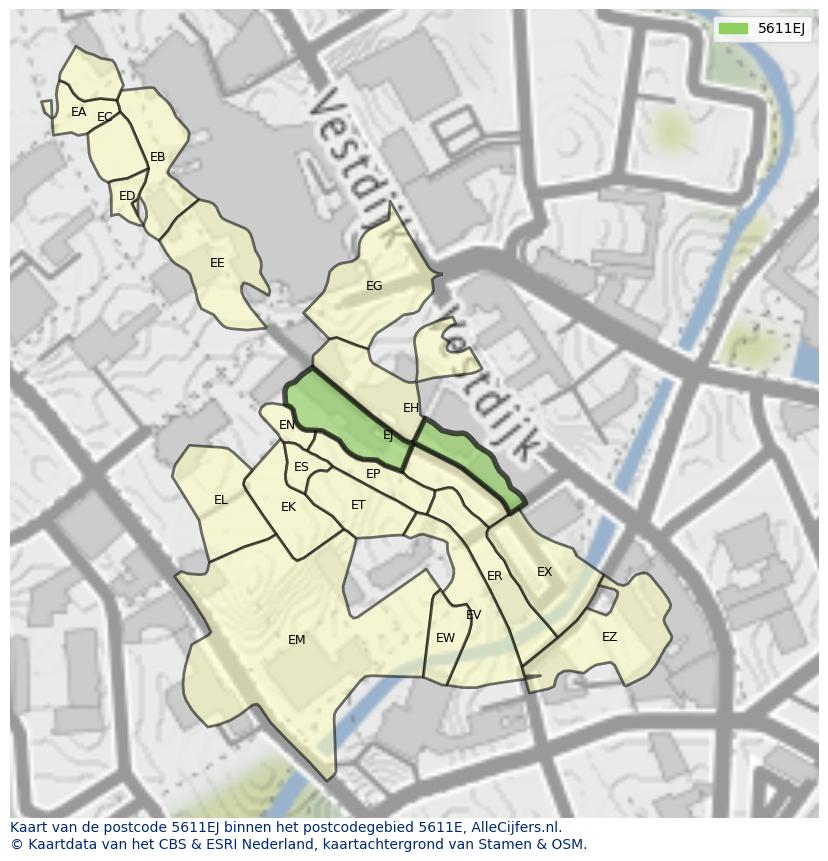 Afbeelding van het postcodegebied 5611 EJ op de kaart.