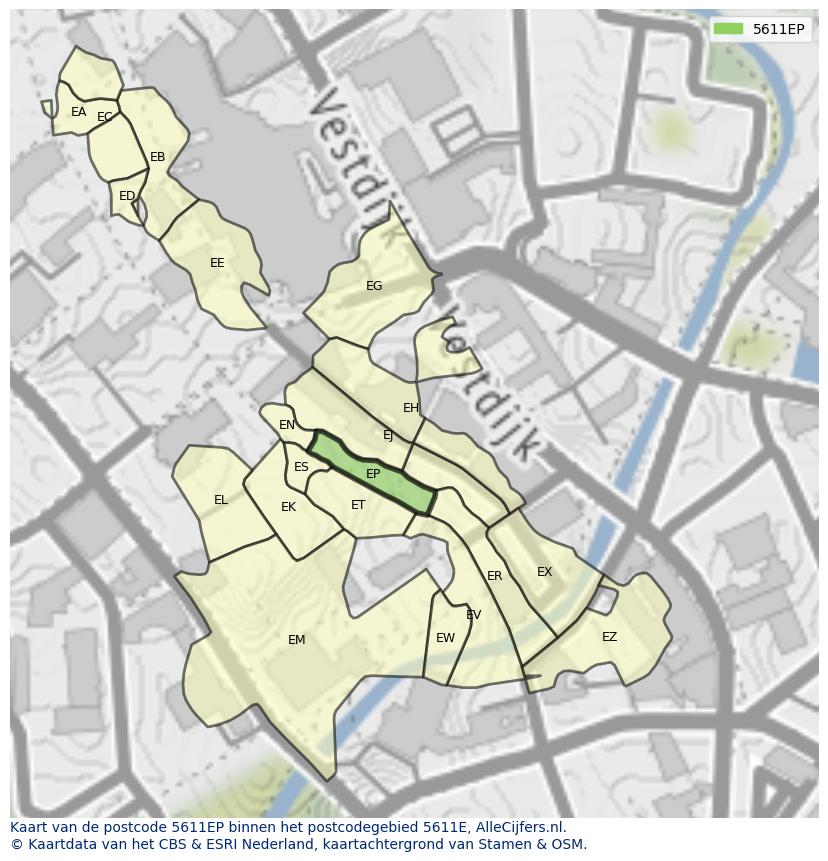 Afbeelding van het postcodegebied 5611 EP op de kaart.