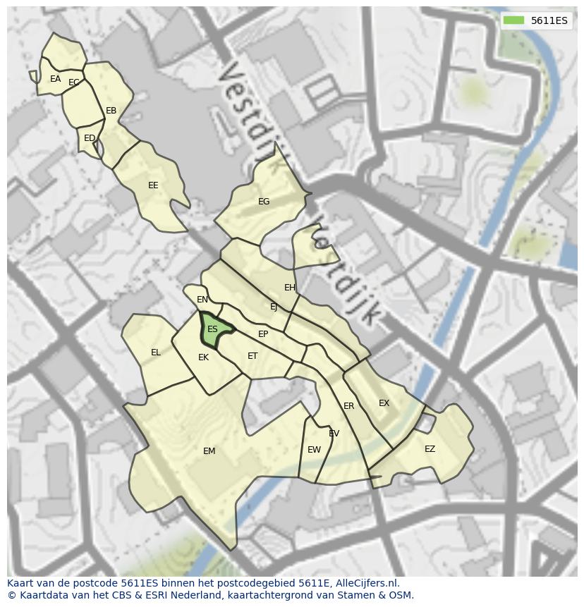Afbeelding van het postcodegebied 5611 ES op de kaart.