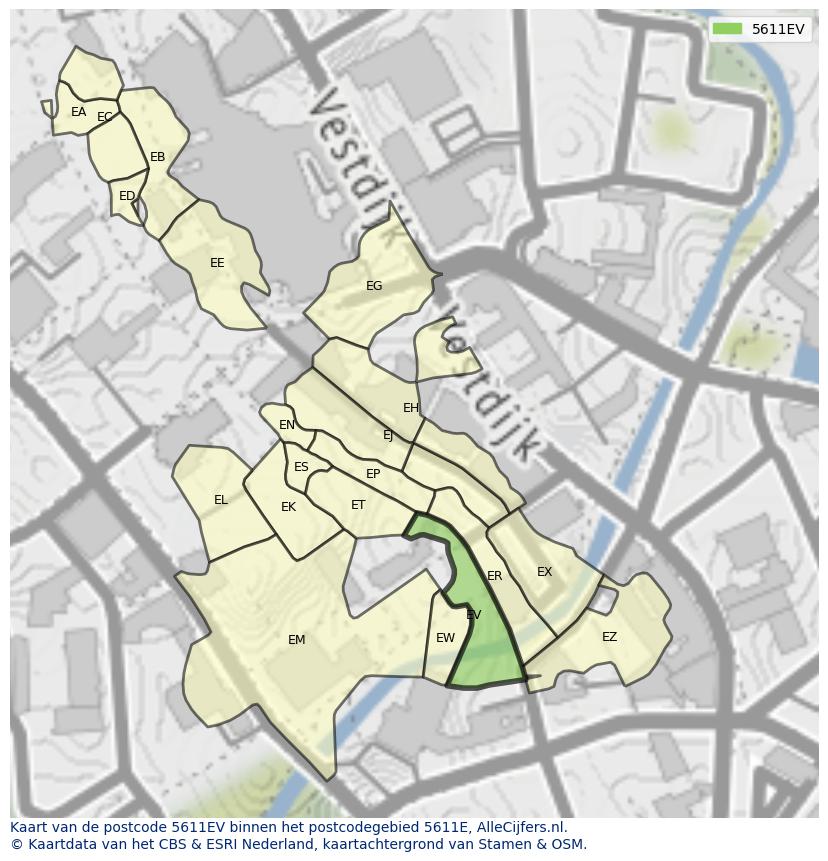 Afbeelding van het postcodegebied 5611 EV op de kaart.
