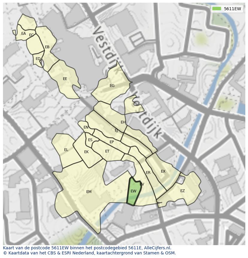 Afbeelding van het postcodegebied 5611 EW op de kaart.