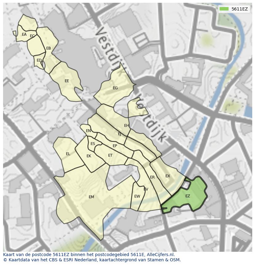 Afbeelding van het postcodegebied 5611 EZ op de kaart.