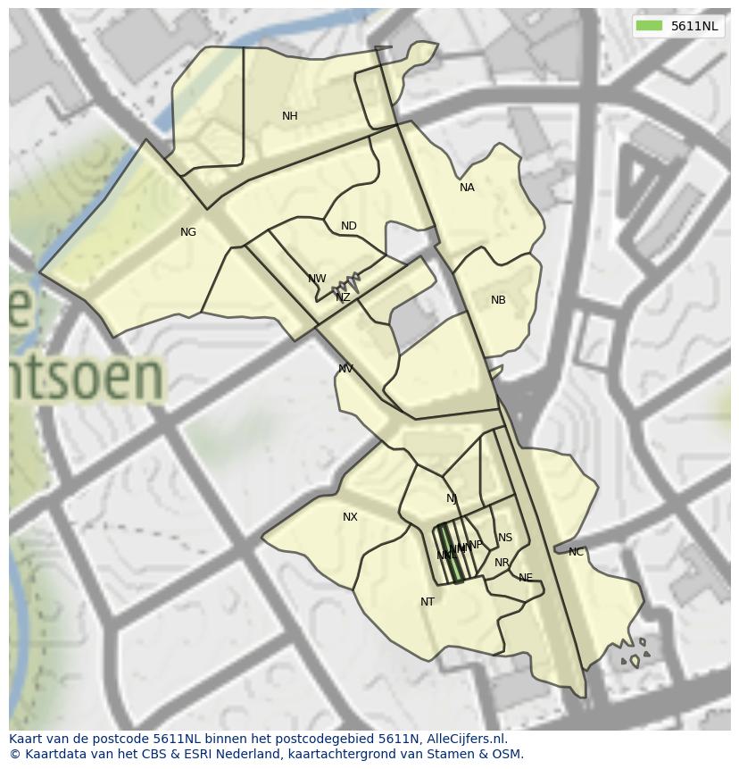 Afbeelding van het postcodegebied 5611 NL op de kaart.
