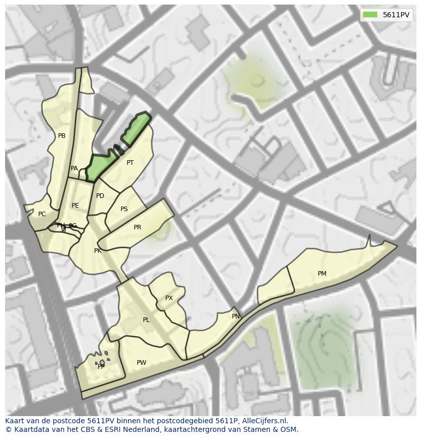 Afbeelding van het postcodegebied 5611 PV op de kaart.