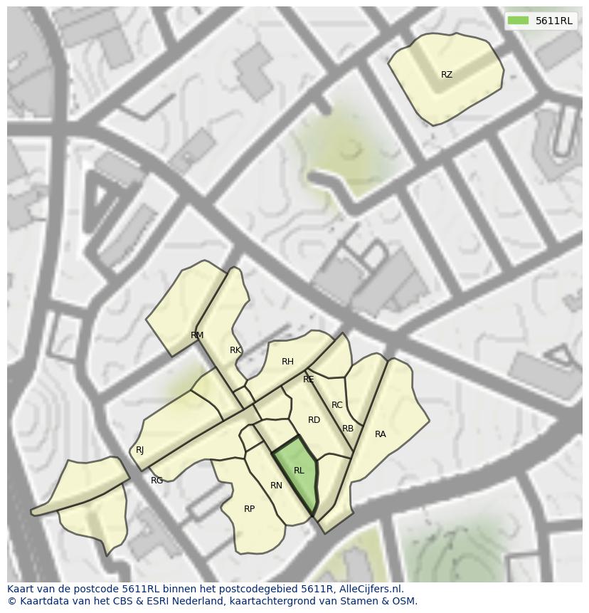 Afbeelding van het postcodegebied 5611 RL op de kaart.