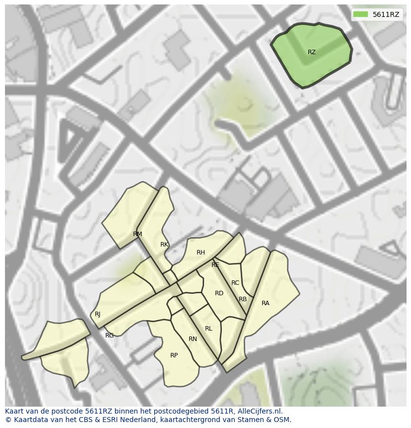 Afbeelding van het postcodegebied 5611 RZ op de kaart.