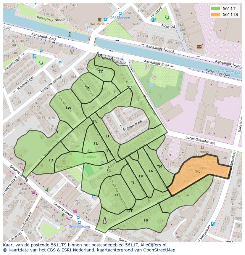 Afbeelding van het postcodegebied 5611 TS op de kaart.