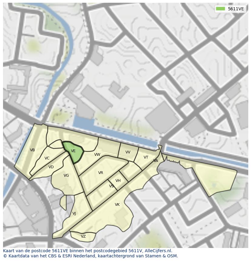 Afbeelding van het postcodegebied 5611 VE op de kaart.