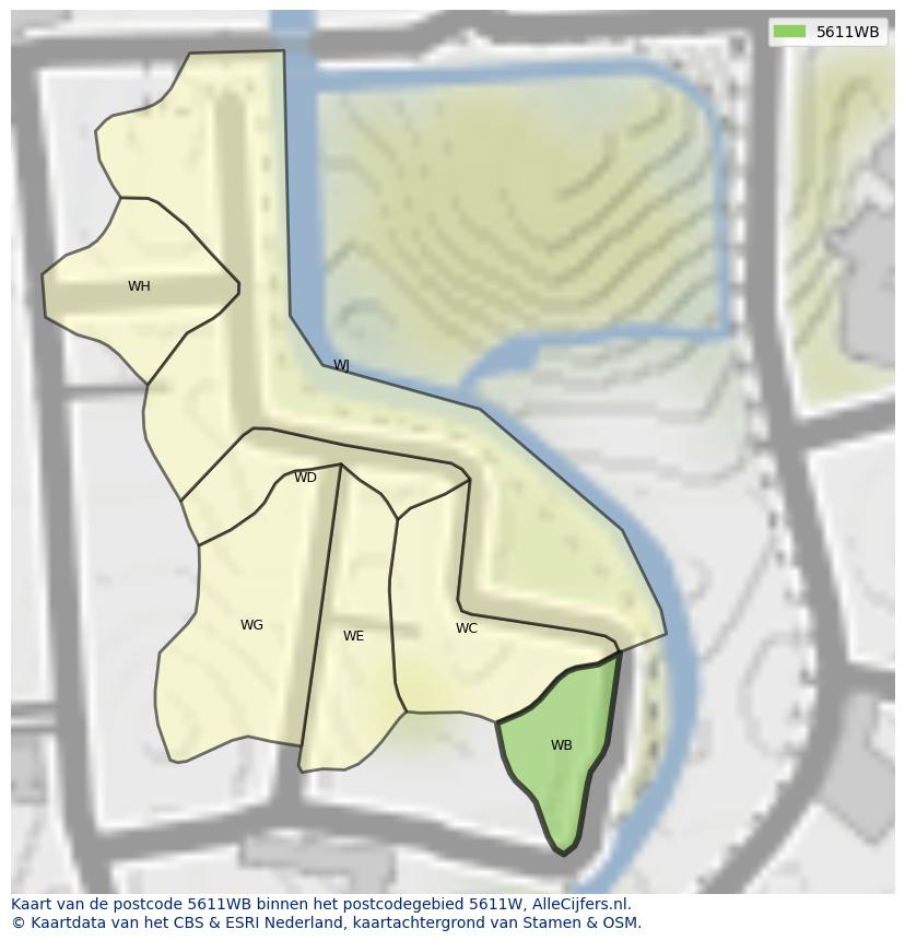 Afbeelding van het postcodegebied 5611 WB op de kaart.