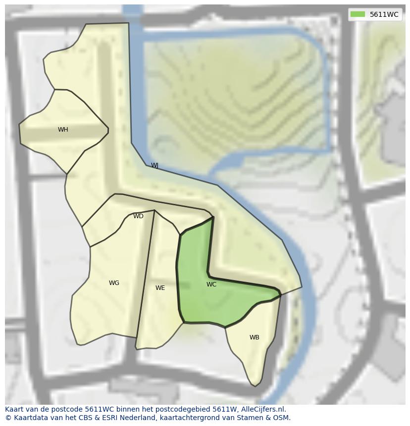 Afbeelding van het postcodegebied 5611 WC op de kaart.