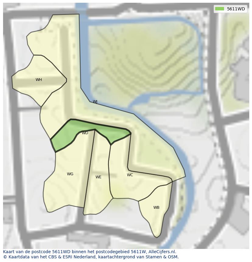 Afbeelding van het postcodegebied 5611 WD op de kaart.