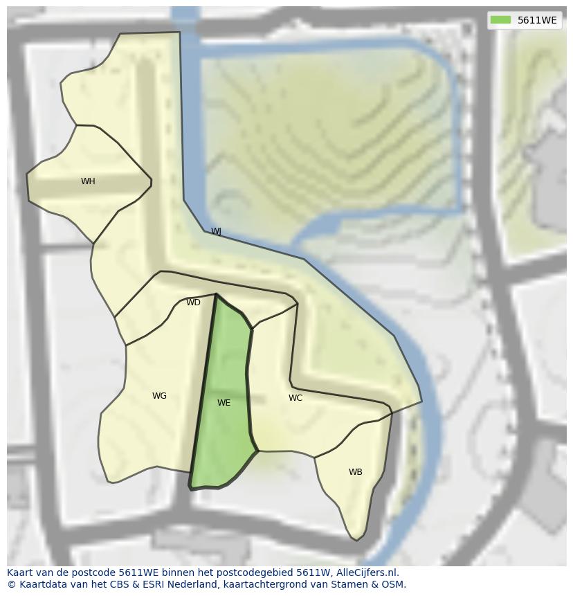 Afbeelding van het postcodegebied 5611 WE op de kaart.