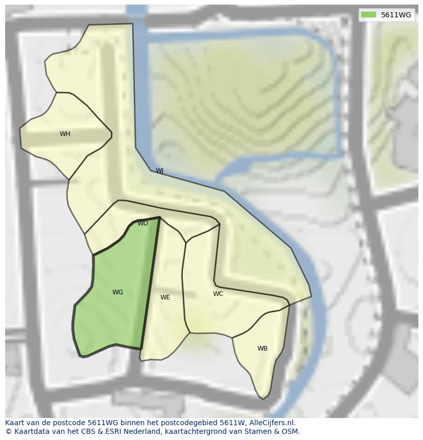 Afbeelding van het postcodegebied 5611 WG op de kaart.