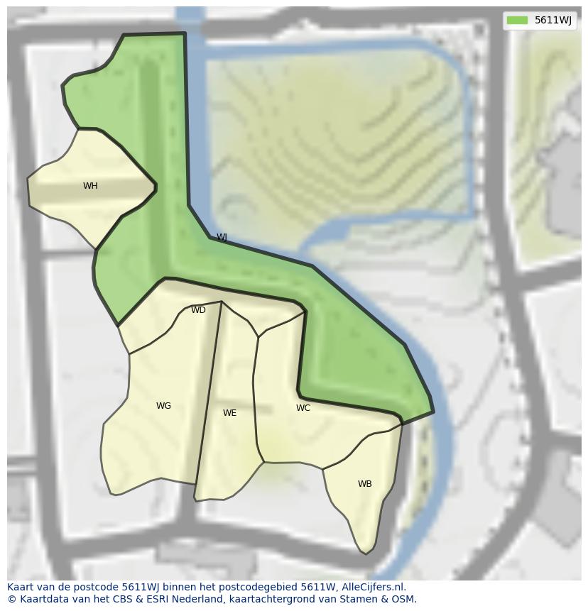 Afbeelding van het postcodegebied 5611 WJ op de kaart.