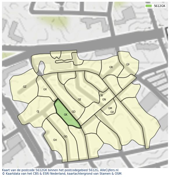 Afbeelding van het postcodegebied 5612 GK op de kaart.