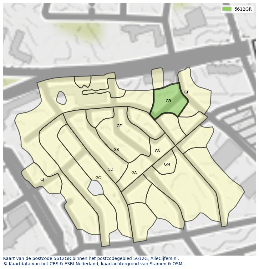 Afbeelding van het postcodegebied 5612 GR op de kaart.