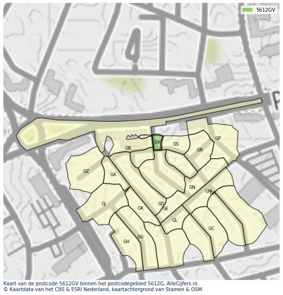Afbeelding van het postcodegebied 5612 GV op de kaart.