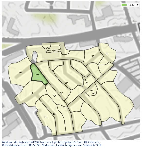 Afbeelding van het postcodegebied 5612 GX op de kaart.