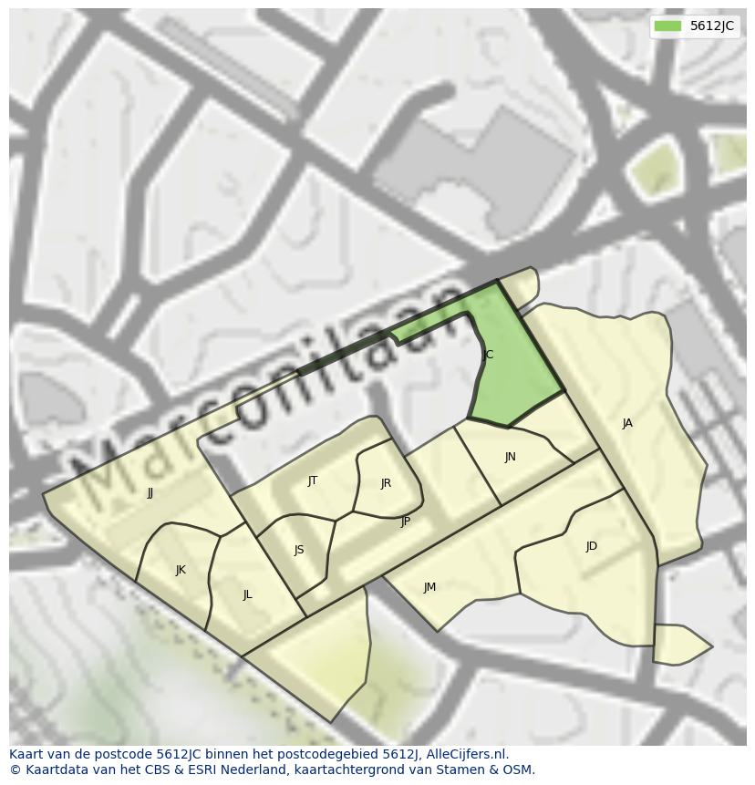 Afbeelding van het postcodegebied 5612 JC op de kaart.