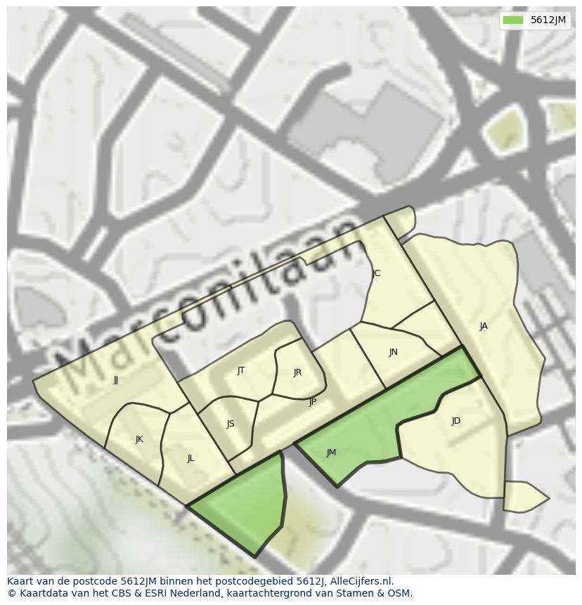 Afbeelding van het postcodegebied 5612 JM op de kaart.