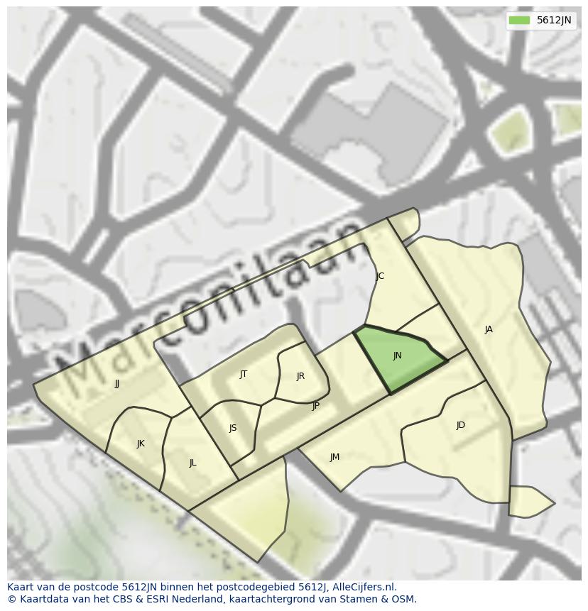 Afbeelding van het postcodegebied 5612 JN op de kaart.