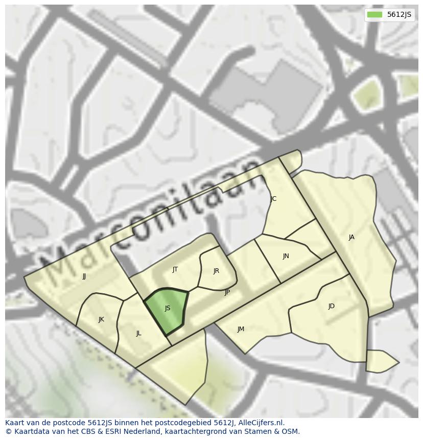 Afbeelding van het postcodegebied 5612 JS op de kaart.