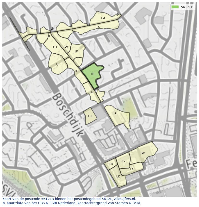 Afbeelding van het postcodegebied 5612 LB op de kaart.