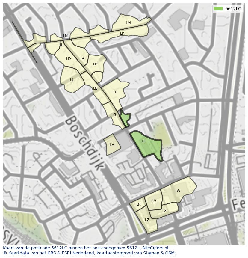 Afbeelding van het postcodegebied 5612 LC op de kaart.