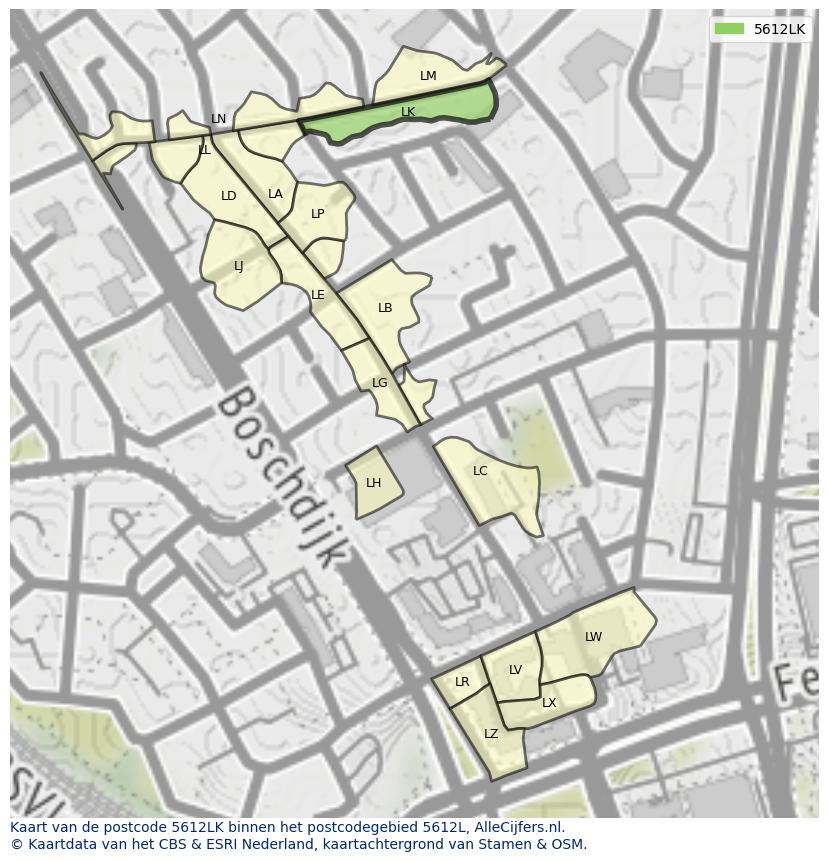 Afbeelding van het postcodegebied 5612 LK op de kaart.