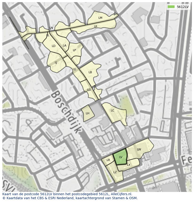 Afbeelding van het postcodegebied 5612 LV op de kaart.