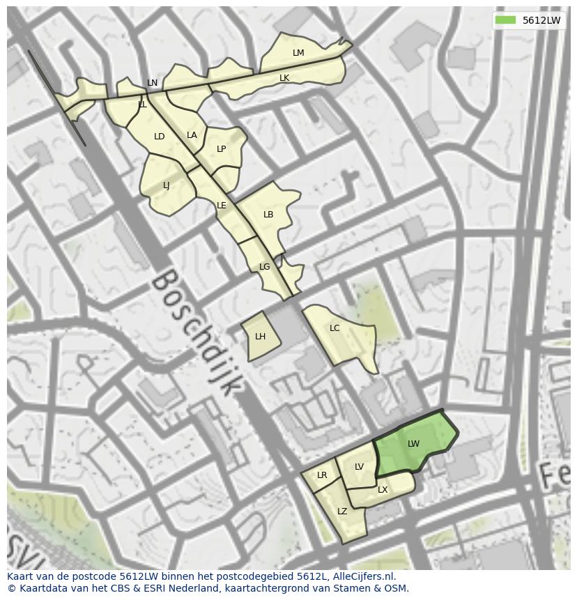 Afbeelding van het postcodegebied 5612 LW op de kaart.