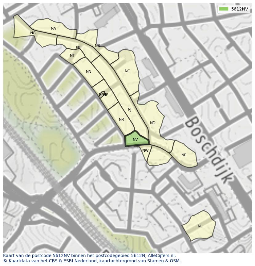 Afbeelding van het postcodegebied 5612 NV op de kaart.