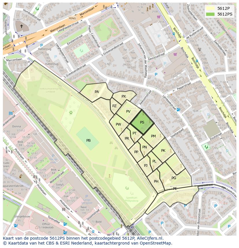 Afbeelding van het postcodegebied 5612 PS op de kaart.