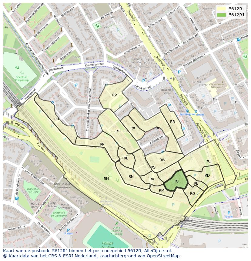Afbeelding van het postcodegebied 5612 RJ op de kaart.