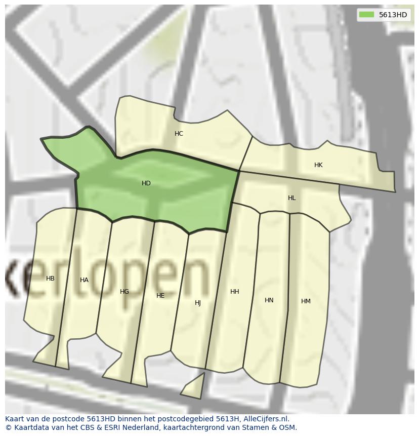 Afbeelding van het postcodegebied 5613 HD op de kaart.