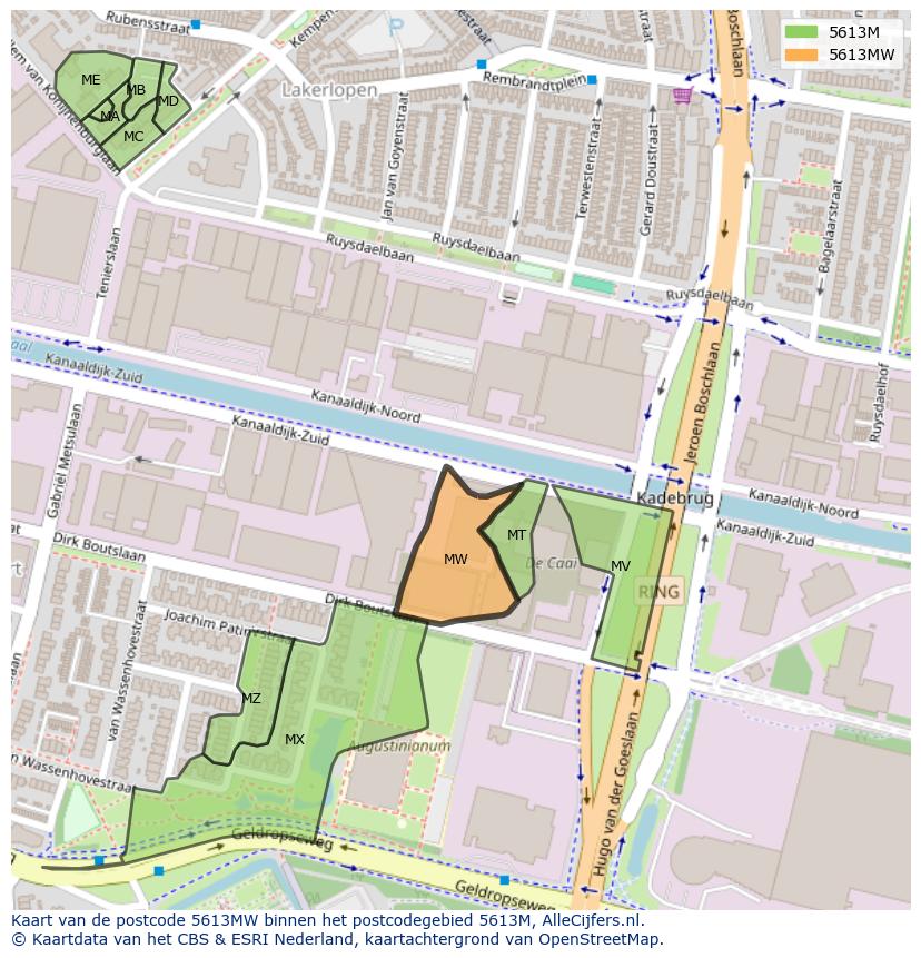 Afbeelding van het postcodegebied 5613 MW op de kaart.
