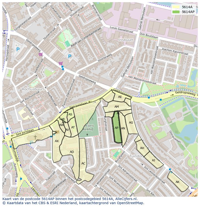 Afbeelding van het postcodegebied 5614 AP op de kaart.